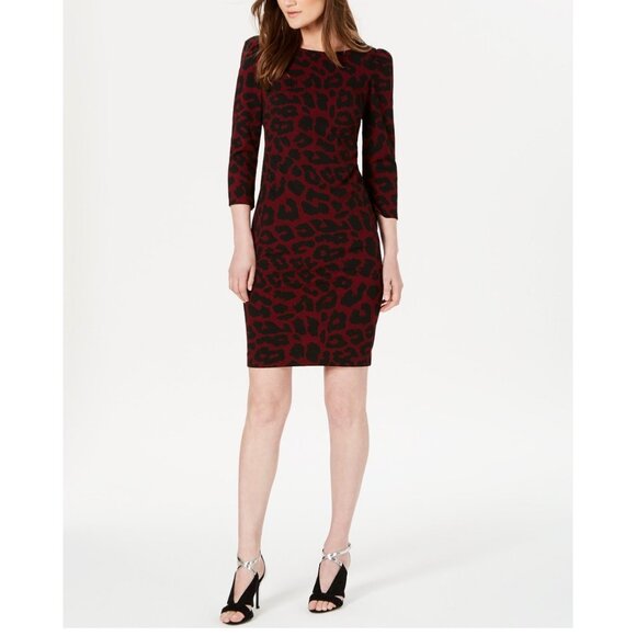 Calvin Klein Womens Animal Print Sheath Dress Burgundy Black Puff Sleeve size 12 - Picture 1 of 15